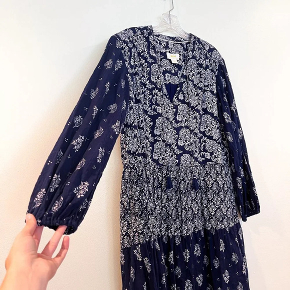 Maeve Anthropologie Navy Paisley Bohemian Floral Peasant Tunic Mini Dress XS - Picture 3 of 9